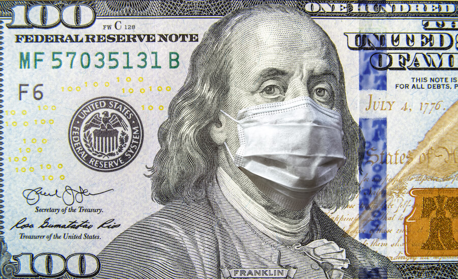 A picture of a $100 bill with Benjamin Franklin wearing a COVID-19 quarantine mask.