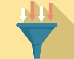 Icon with a yellow background of a blue funnel with arrows pouring into the top